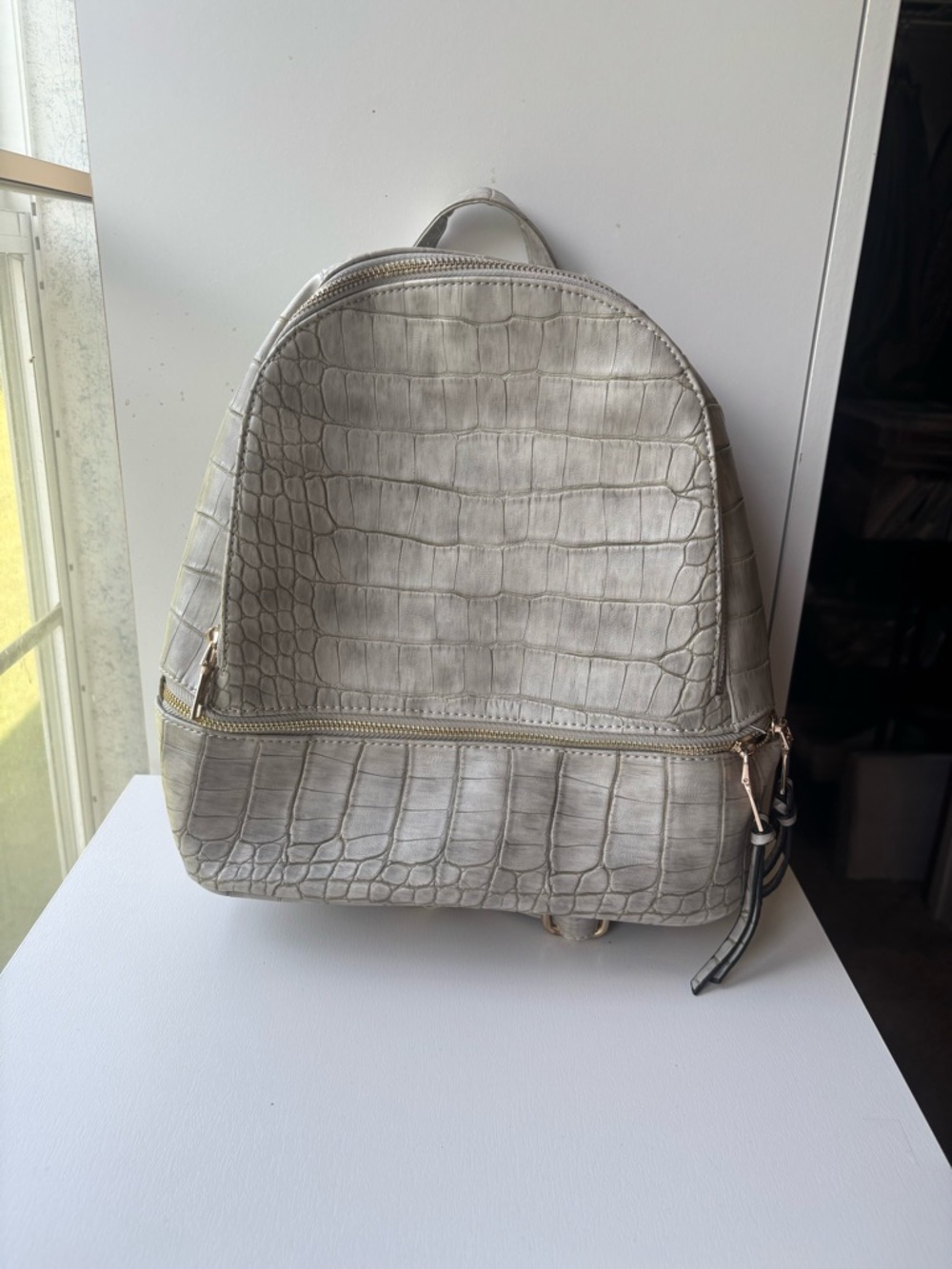 Croc-Embossed Mini Backpack in Light Gray